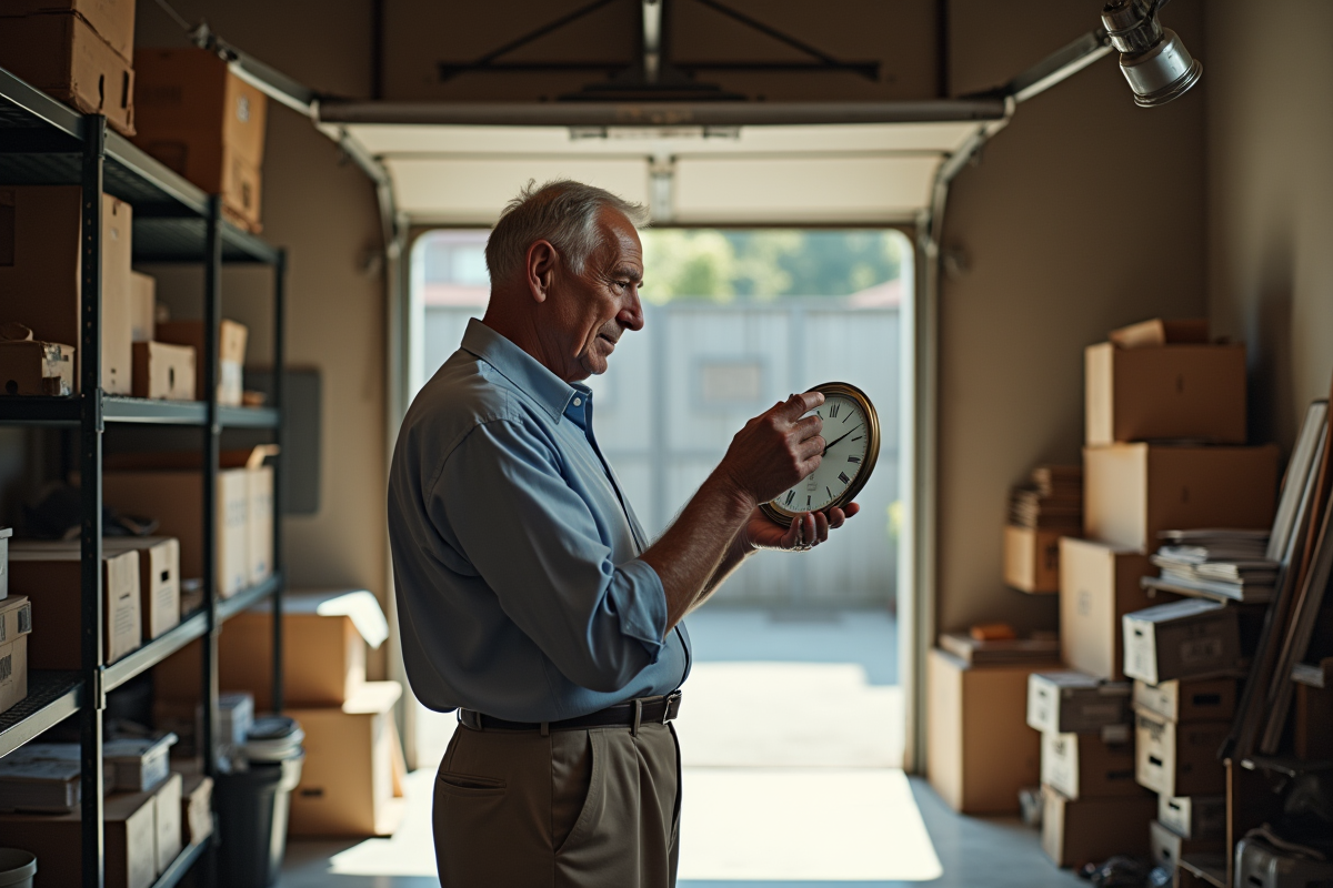 Homme âgé examinant une vieille horloge dans un garage organisé