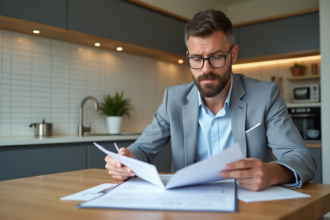 Homme d'âge moyen examinant documents locatifs dans une cuisine moderne
