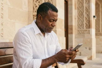 Homme consultant les heures de prières de Narbonne sur son smartphone devant une mosquée en pierre