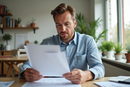 Homme d'âge moyen examinant des documents fiscaux à la maison