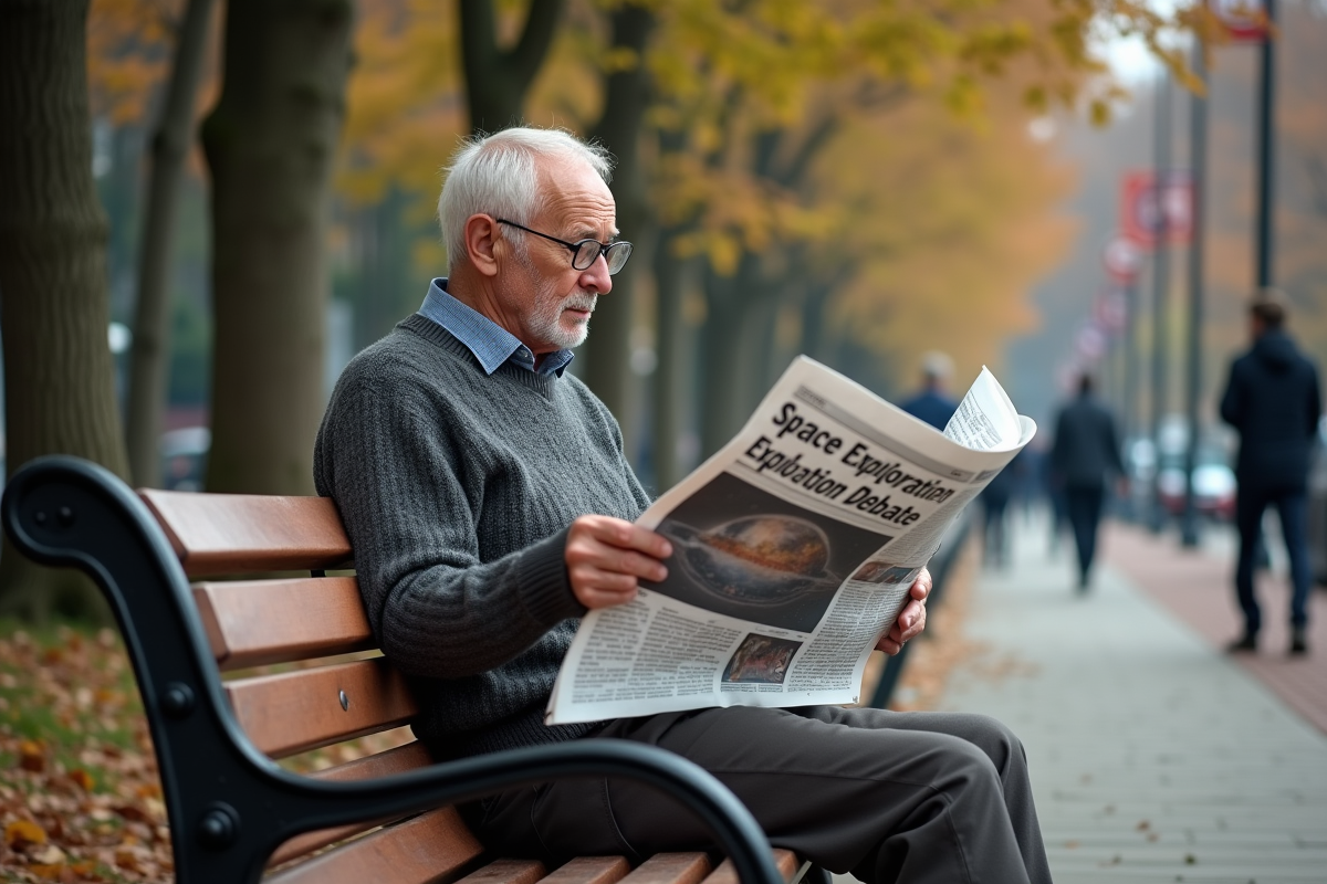 Homme âgé lisant un journal dans un parc urbain