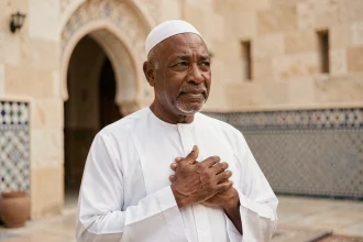 Homme musulman exprimant ses condoléances avec la formule Allah y rahmo dans un cadre religieux apaisé