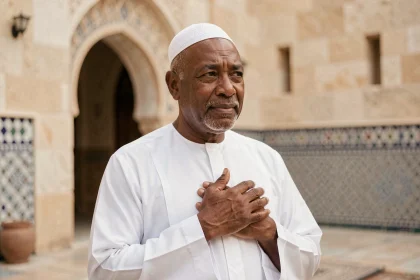 Homme musulman exprimant ses condoléances avec la formule Allah y rahmo dans un cadre religieux apaisé