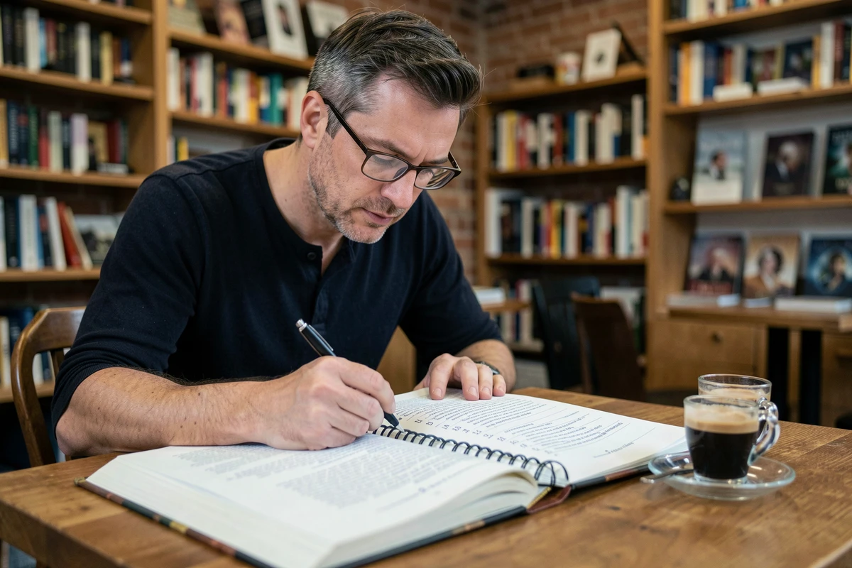 Un homme avec des lunettes prenant des notes dans un carnet pour démêler l'ordre chronologique des films du Hobbit dans un café librairie