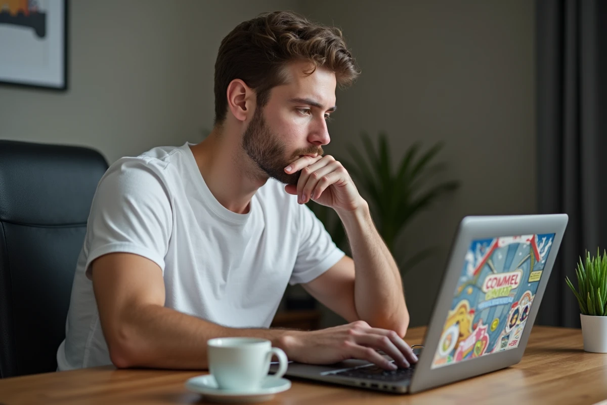 Homme consultant un site de liens de dés gratuits pour Monopoly GO sur son ordinateur portable à son bureau