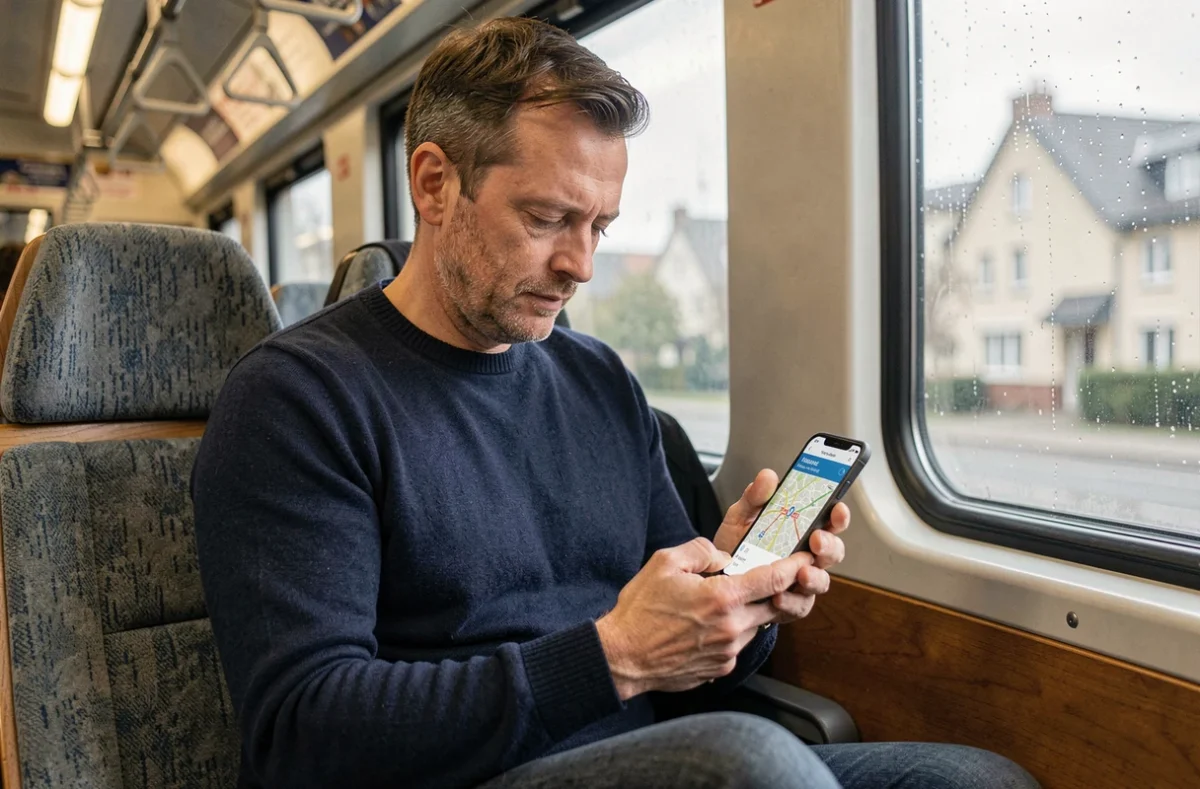 Homme consultant le plan interactif du RER Île-de-France sur smartphone dans un train
