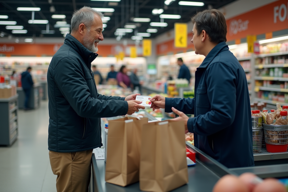 Homme remettant un bon cadeau Cadhoc à la caisse en supermarche