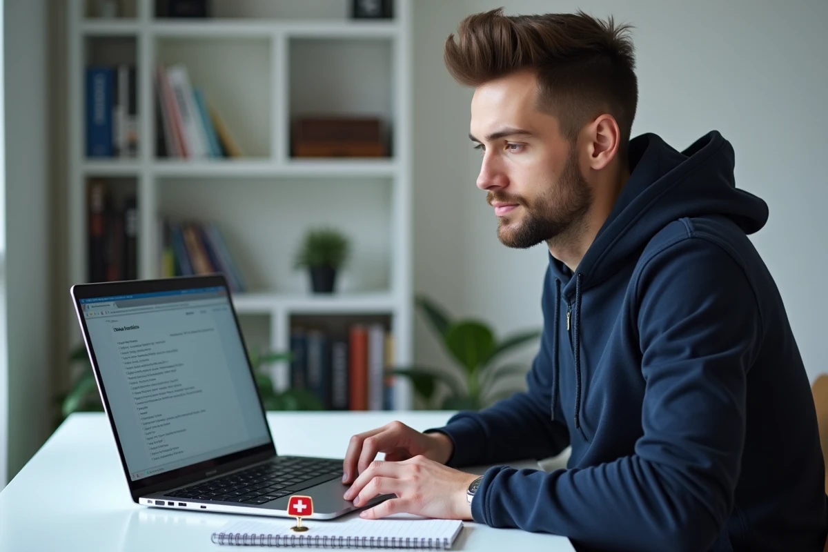 Jeune homme cherchant des cantons suisses pour mots fléchés sur un ordinateur portable dans un bureau moderne