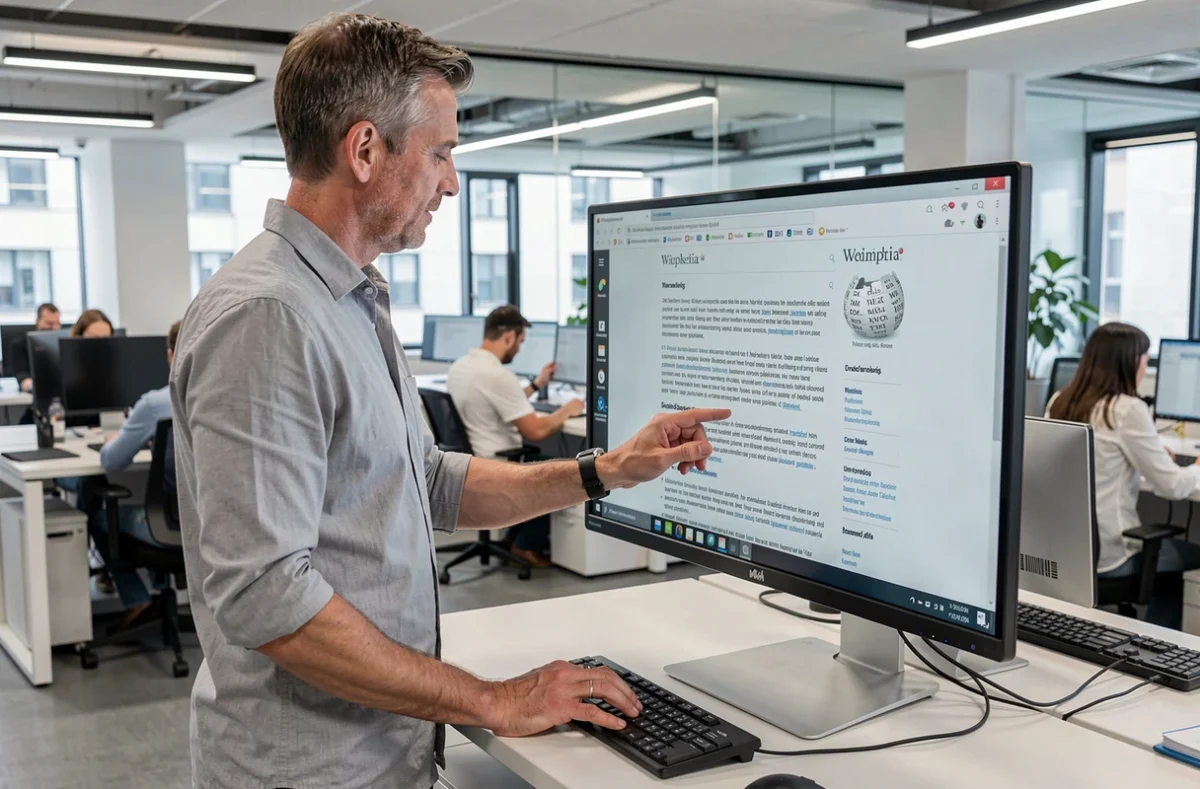Homme consultant une encyclopédie en ligne collaborative sur un grand écran dans un bureau moderne en open space