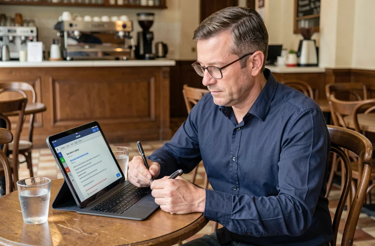 Homme d'âge moyen révisant des corrections de texte français sur une tablette dans un café