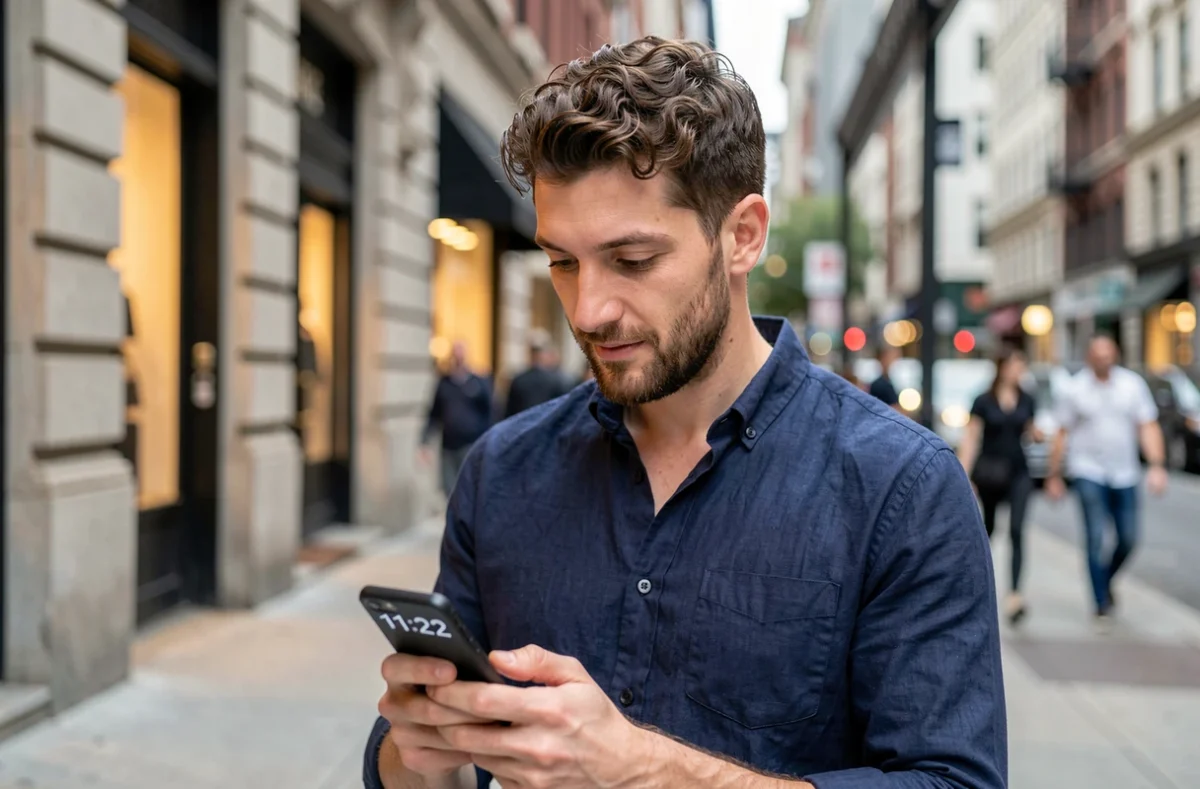 Homme dans la rue regardant son téléphone affichant 11h22, découvrant le signe de l'heure miroir