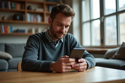 Homme concentré jouant à Monopoly Go dans son salon