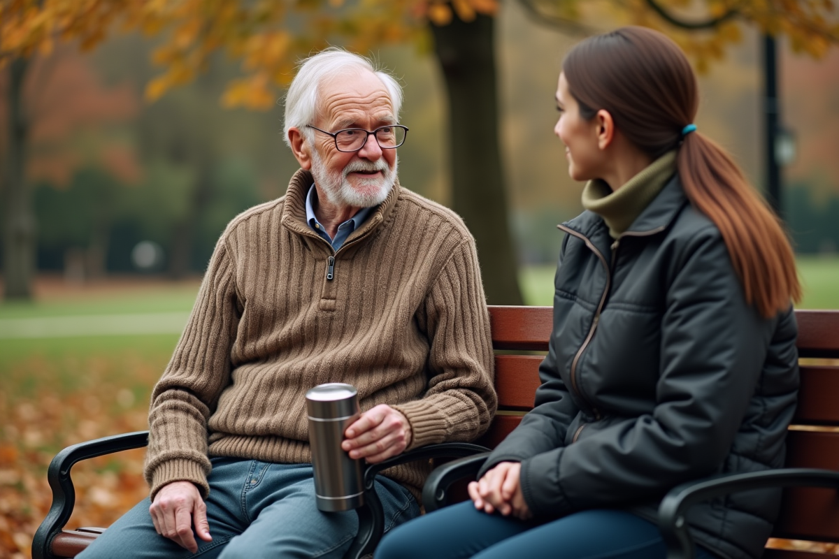 Homme âgé parlant avec un jeune sur un banc dans un parc