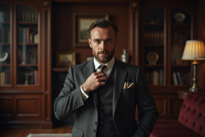 Homme élégant en costume trois pièces dans un bureau vintage