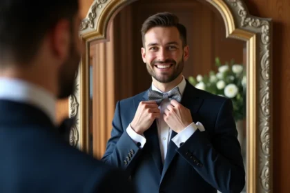 Homme souriant en costume bleu marine ajustant un nœud papillon en soie dans un miroir