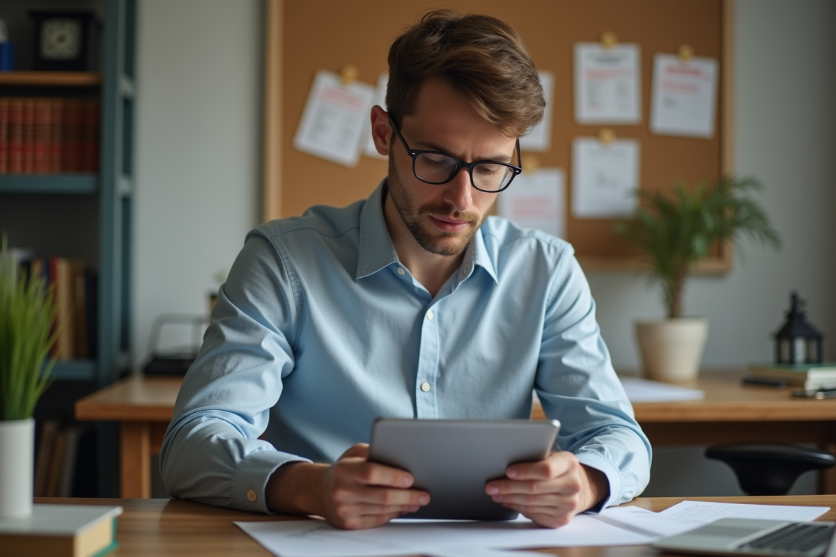 Jeune homme vérifiant un tableau de dépenses sur tablette