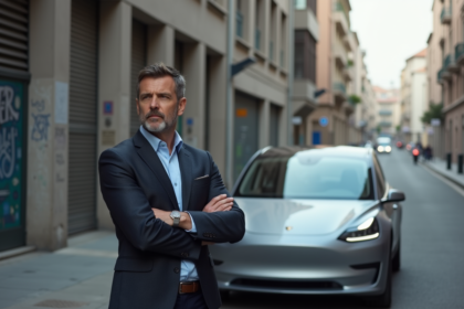 Homme d'affaires à côté d'une voiture électrique en ville