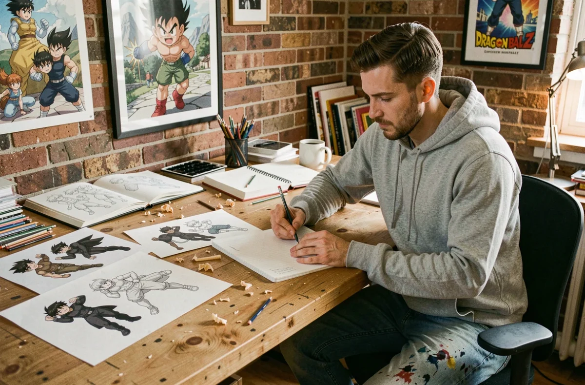 Illustrateur de romans graphiques concentré à sa table de travail entourée de croquis et références de personnages anime sombres