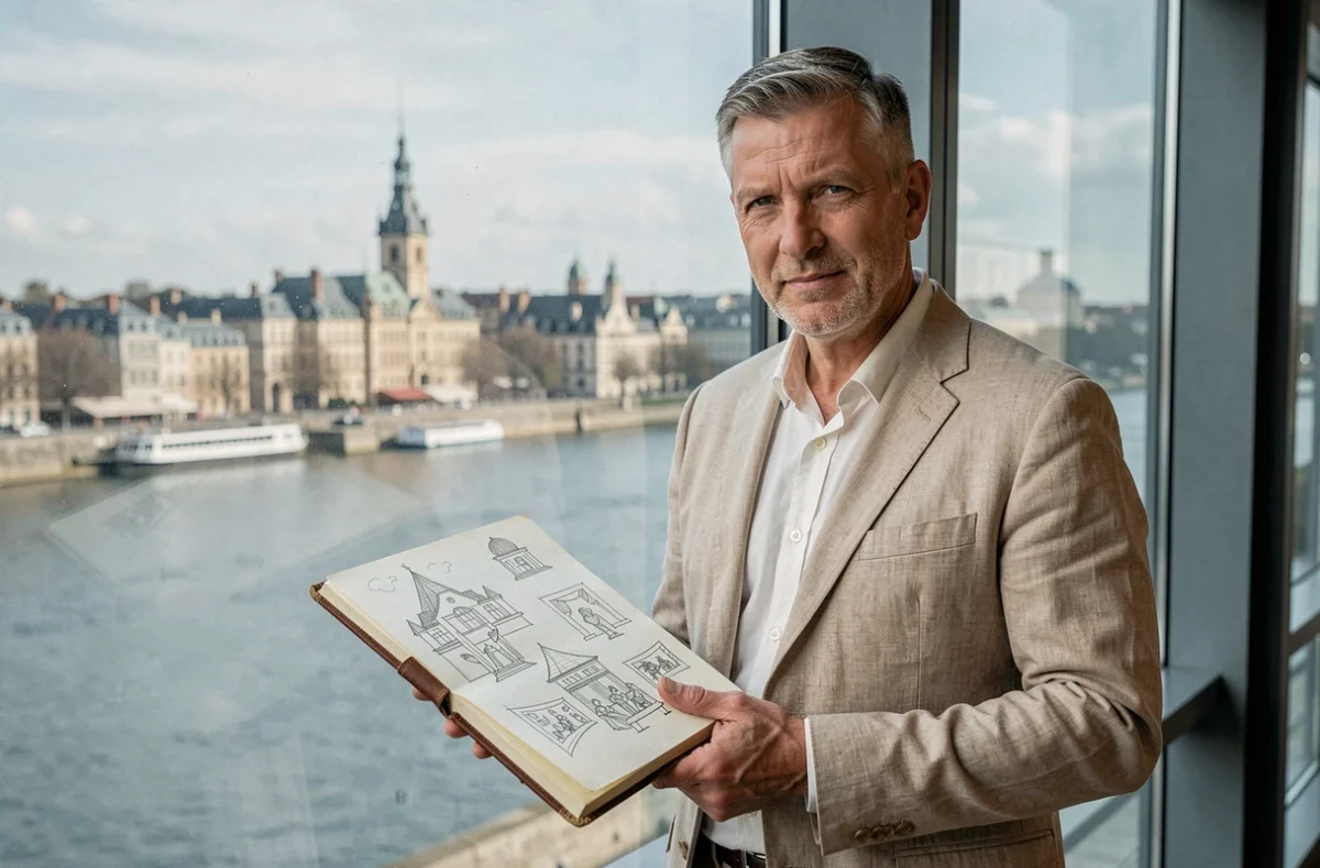 Directeur créatif d'Imagina Nantes contemplant la Loire depuis un bureau vitré avec un carnet de concepts événementiels