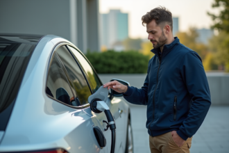 Jeune ingénieur devant une voiture à hydrogène moderne