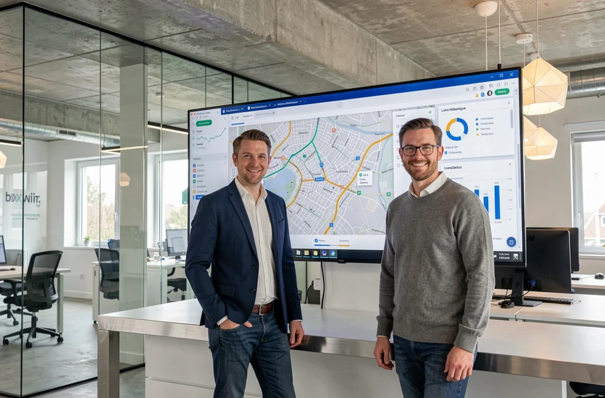 Coordinateurs événementiels d'INNOV'events Loire-Atlantique devant un mur digital interactif dans un espace coworking moderne