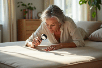 Femme inspectant un matelas beige avec une loupe dans une chambre lumineuse