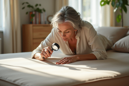 Femme inspectant un matelas beige avec une loupe dans une chambre lumineuse