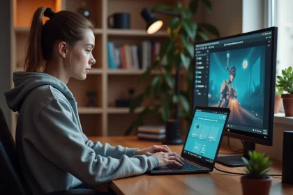Jeune femme installant un mod pour Les Sims 4 sur son ordinateur portable dans un bureau à domicile