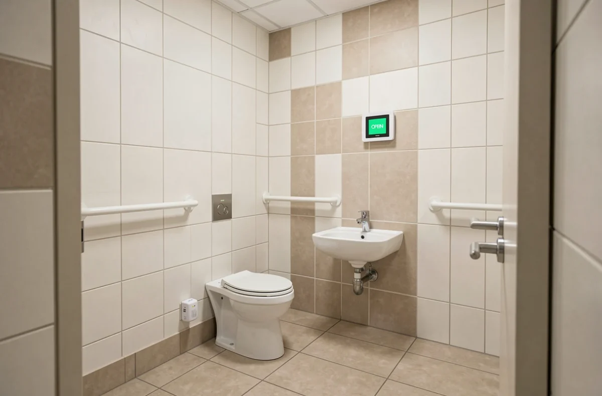 Intérieur d'un WC public PMR propre avec barres d'appui, lavabo adapté et espace de manœuvre pour fauteuil roulant