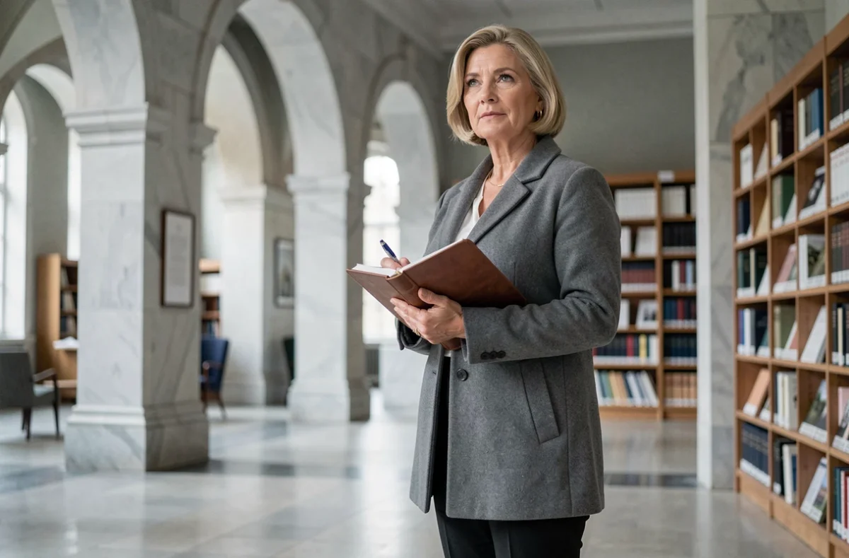 Journaliste femme debout dans un couloir de bibliothèque institutionnelle tenant un carnet de notes, atmosphère intellectuelle et éditoriale