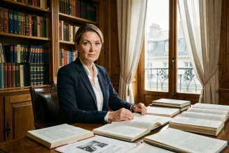 Femme journaliste et intellectuelle assise à un bureau de travail parisien entouré de livres et de documents de presse