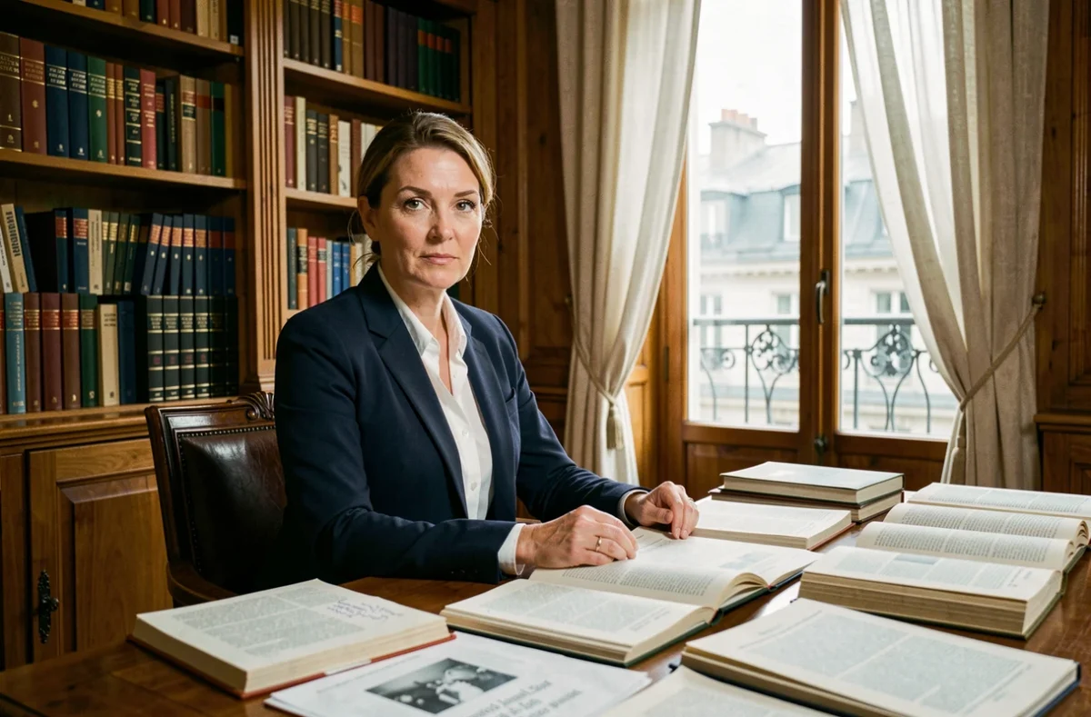 Femme journaliste et intellectuelle assise à un bureau de travail parisien entouré de livres et de documents de presse