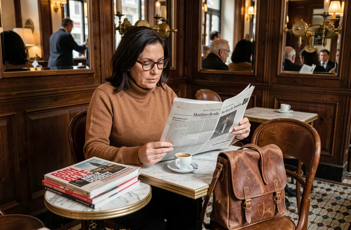 Femme journaliste lisant un journal dans un café parisien traditionnel avec magazines de géopolitique sur la table