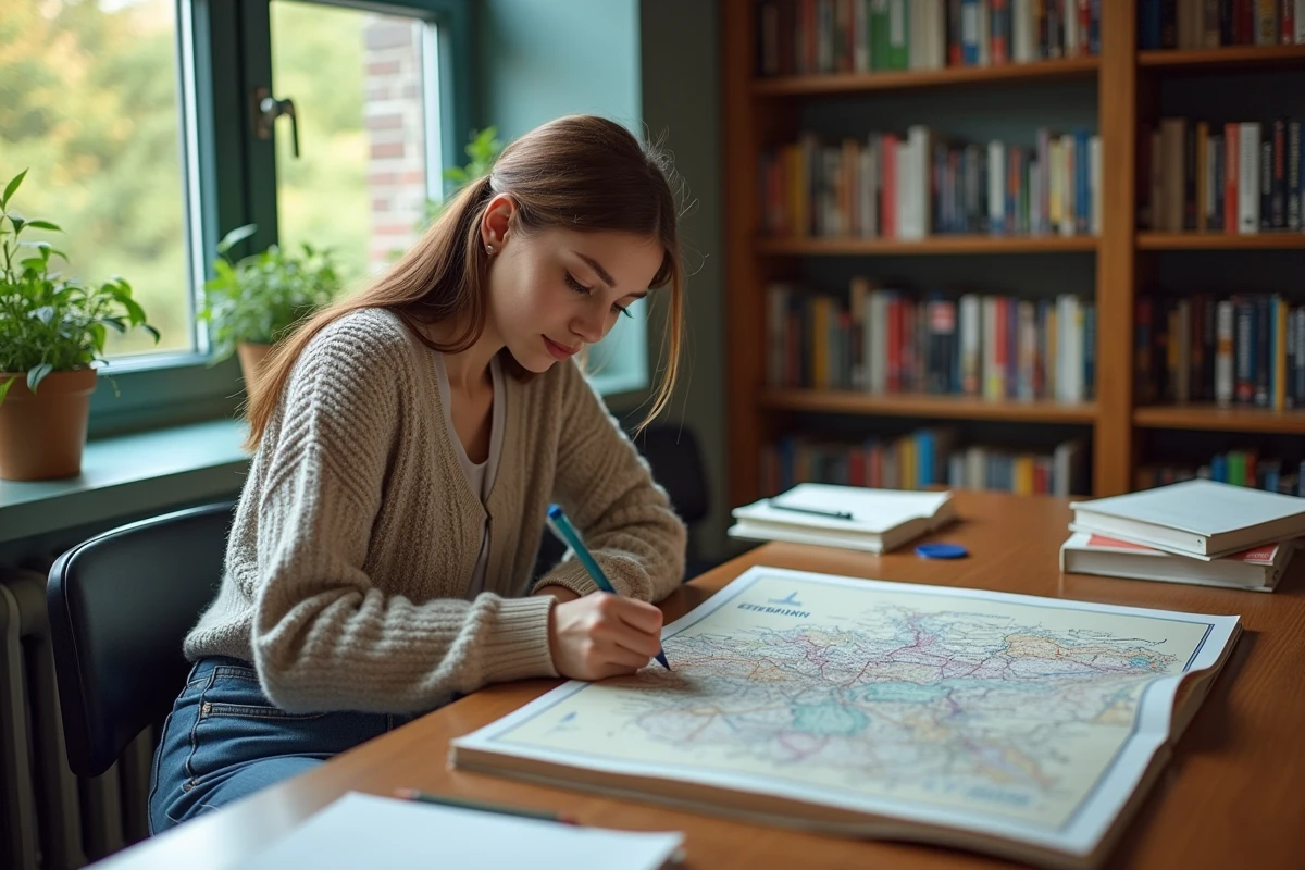 Jeune femme étudie une carte de l'Allemagne dans une bibliothèque