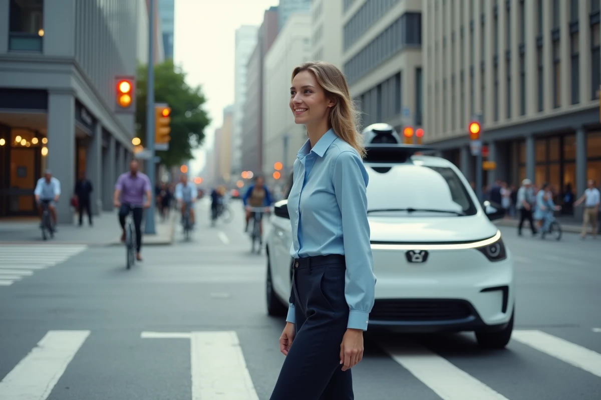 Jeune femme croisant devant une voiture autonome en ville