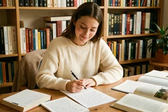 Jeune femme étudiant la grammaire française à son bureau, entourée de notes manuscrites et de dictionnaires, illustrant la règle je t'envoie