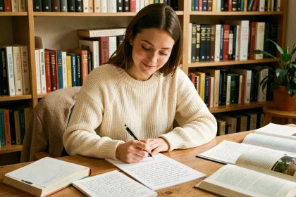 Jeune femme étudiant la grammaire française à son bureau, entourée de notes manuscrites et de dictionnaires, illustrant la règle je t'envoie