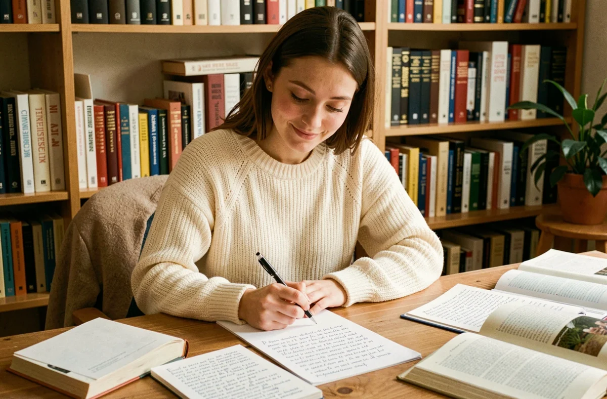 Jeune femme étudiant la grammaire française à son bureau, entourée de notes manuscrites et de dictionnaires, illustrant la règle je t'envoie