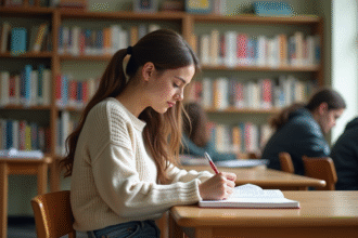 Jeune femme en jeans et pull dans une bibliothèque lumineuse