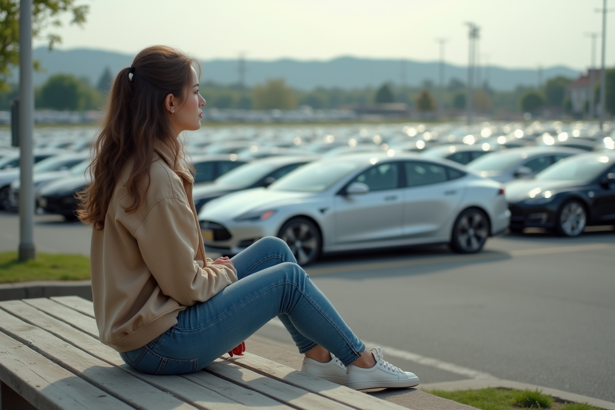 Jeune femme assise sur un banc dans un parking électrique