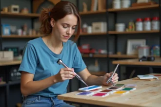 Jeune femme examine des échantillons de peinture dans un atelier créatif