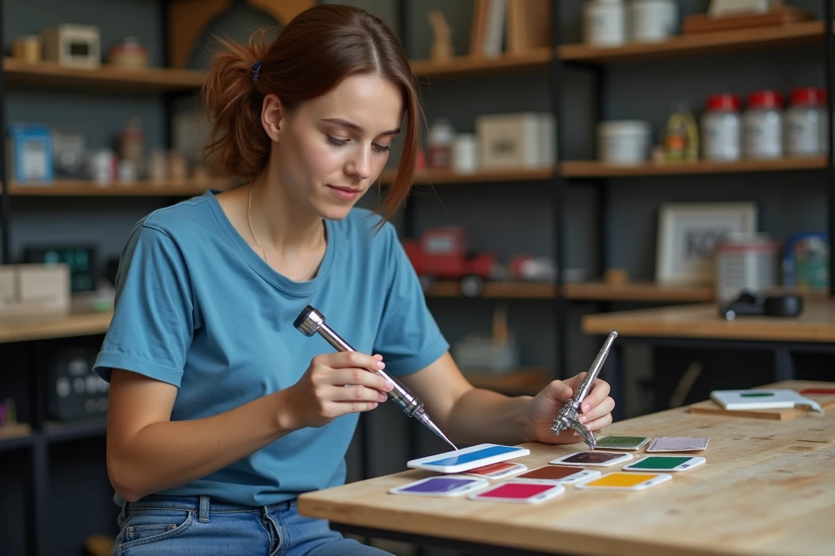 Jeune femme examine des échantillons de peinture dans un atelier créatif