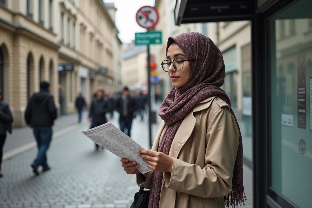 Jeune femme musulmane à un arrêt de bus à Valenciennes regardant son horaire de prières