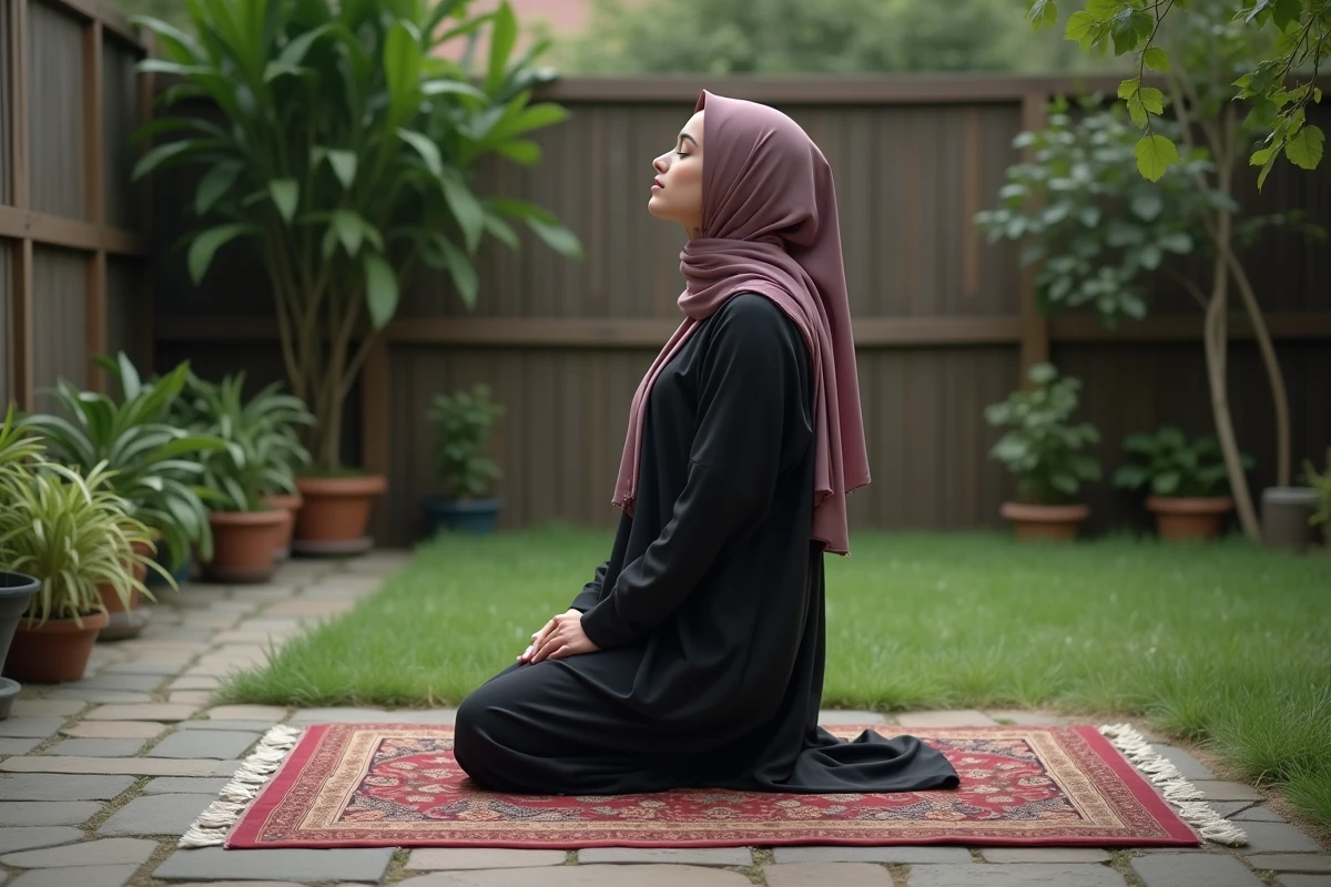 Jeune musulmane en abaya priant dans un jardin