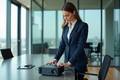 Jeune femme en costume navy utilisant un projecteur en réunion