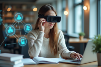 Jeune femme utilisant des lunettes de réalité augmentée dans un bureau moderne