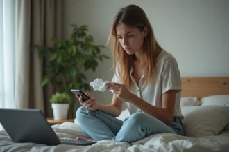 Jeune femme assise sur le lit avec téléphone et mouchoir