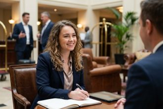 Jeune femme en réunion d'affaires dans un lobby d'hôtel