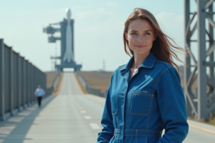 Jeune femme scientifique en extérieur près d'une plateforme de lancement