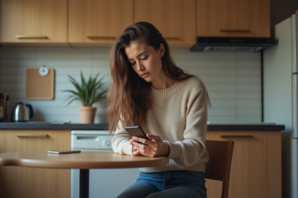 Jeune femme pensant dans une cuisine moderne